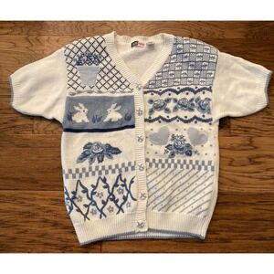 VTG Lucia Petites Women's Small Blue White Knit Cardigan Patchwork Floral Hearts
